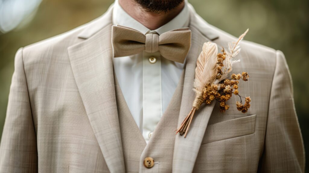 Wedding boho style boutonniere close up, groom in beige suit with bow-tie